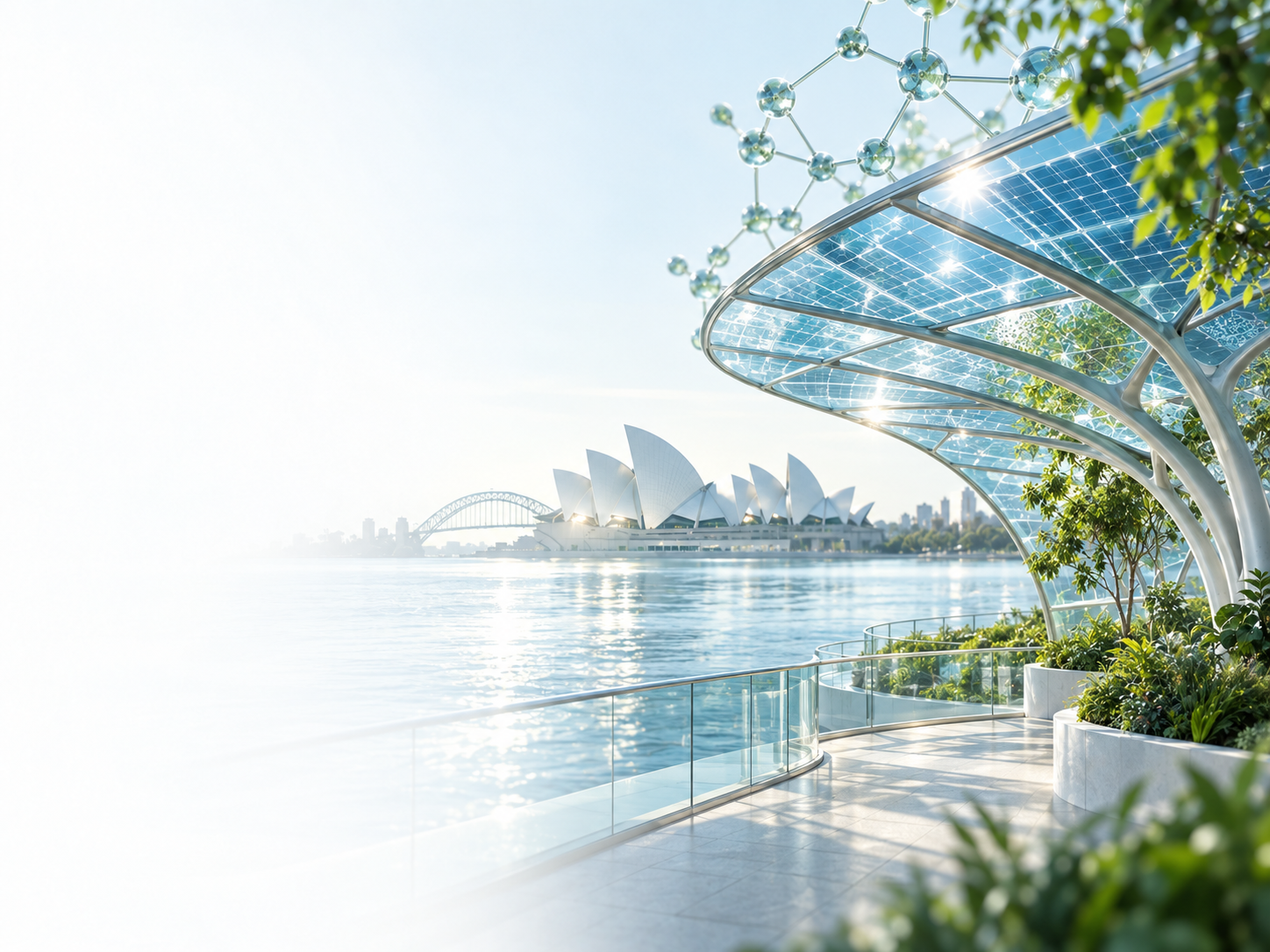 Blue photovoltaic canopy overlooking Sydney Harbour